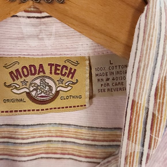 Moda Tech Shirt Top Junior's Large Multicolor Stripes Short Sleeve Snap Front - Picture 2 of 8